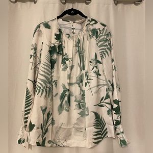 H&M Green Florals Printed Satin Long-Sleeve Blouse